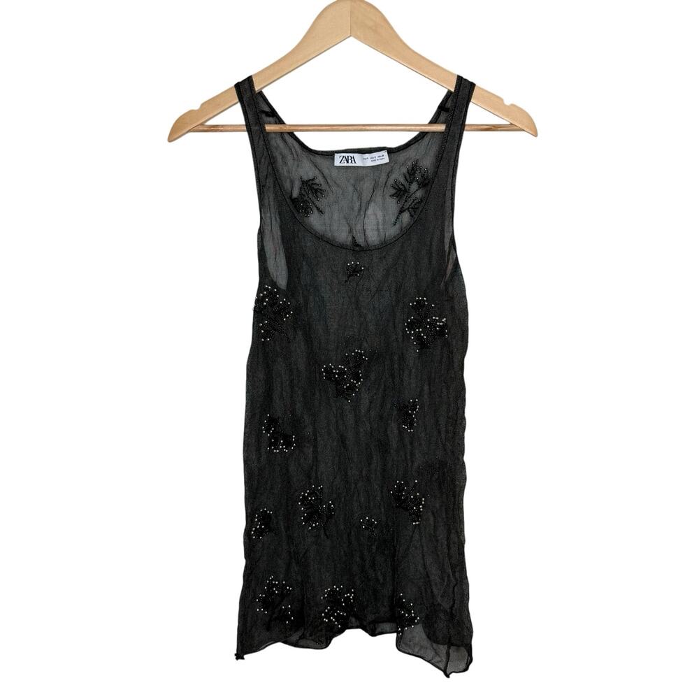 Zara Sheer Beaded Mesh Tank Top Size Small Black Sleeveless Y2K‎ Party Festival